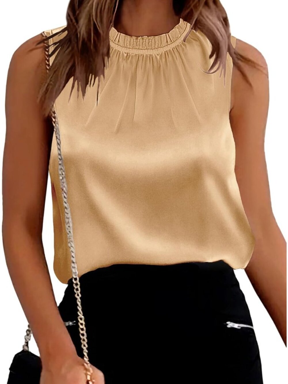 Women's Khaki Sleeveless Ruffle Mock Neck Outfits Imported Blouses Tank Top